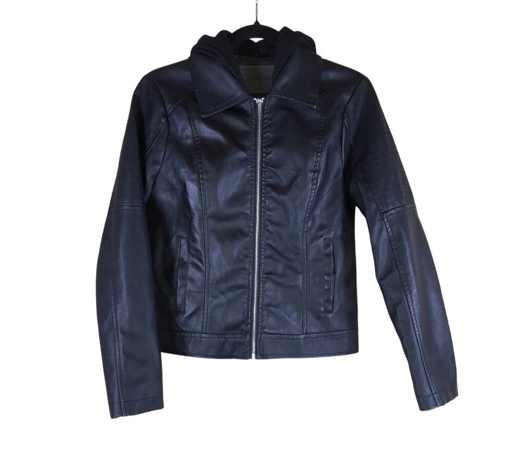 Cavalini Moto Jacket Women’s Small Black Faux Leather Hooded Biker Streetwear